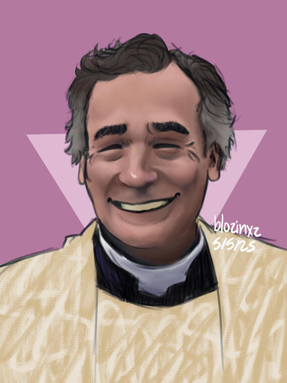 stan pines in a red dress. he has a smug expression on his face. one hand is obscured behind his back and the other is resting on his hip. a spotlight shines on him. the dress is long enough to spill on the floor around him.