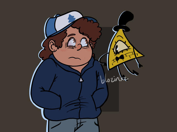 dipper pines and bill cipher. dipper has on a jacket and his hands are shoved in the pockets. he looks miserably at bill. bill is floating next to him with his elbow touching dipper's shoulder, looking back at dipper.