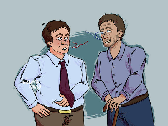 dipper pines and bill cipher. dipper has on a jacket and his hands are shoved in the pockets. he looks miserably at bill. bill is floating next to him with his elbow touching dipper's shoulder, looking back at dipper.